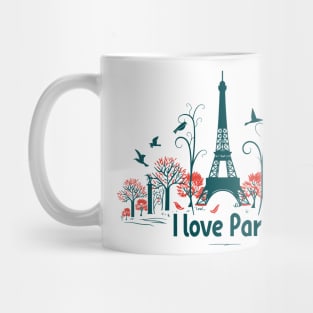 I love Paris: eiffel tower silhouette with trees and birds Mug